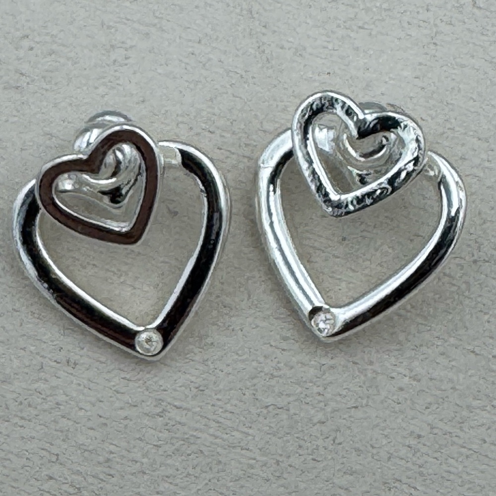 Pair Silver Tone Heart Stud Earrings Open Heart‎ Rhinestone Accent Love Set